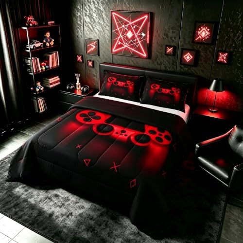Boys Gamer Comforter Set Queen Size,Gamepad Bedding Set Kids Young Man Video Games Down Comforter for Teen Child Game Room Decor Black Red Classic Retro Gaming Quilted Duvet Set with Pillowcase