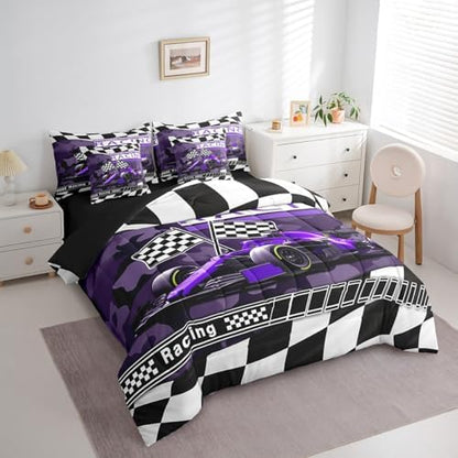 Camouflage Racing Comforter Set 7 Pieces,Boys Men Racing Car Gamer Bed Set,Purple Race Car Bedding Bed in a Bag Soft,Queen (1 Comforter,2 Pillowcase,2 Pillow Covers,1 Flat Sheet,1 Fitted Sheet)