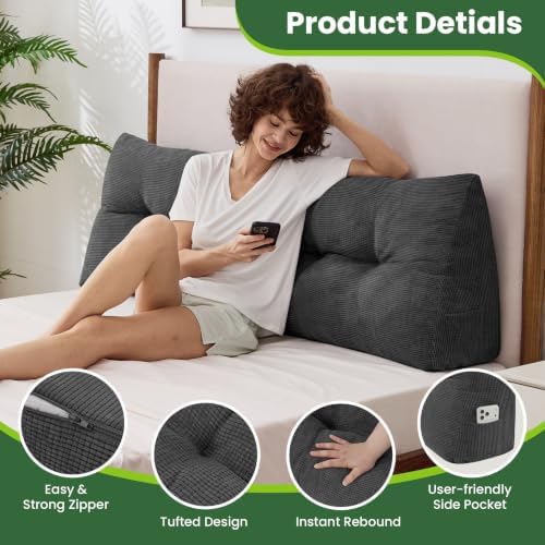 Headboard Pillow King, Triangle Bed Wedge Pillow for Headboard, Backrest Pillow for Sitting, Reading, Working, Daybed Pillows for Bed, Dorm, Sofa, Black