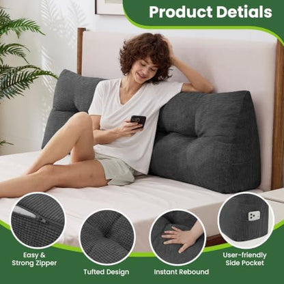 Headboard Pillow King, Triangle Bed Wedge Pillow for Headboard, Backrest Pillow for Sitting, Reading, Working, Daybed Pillows for Bed, Dorm, Sofa, Black