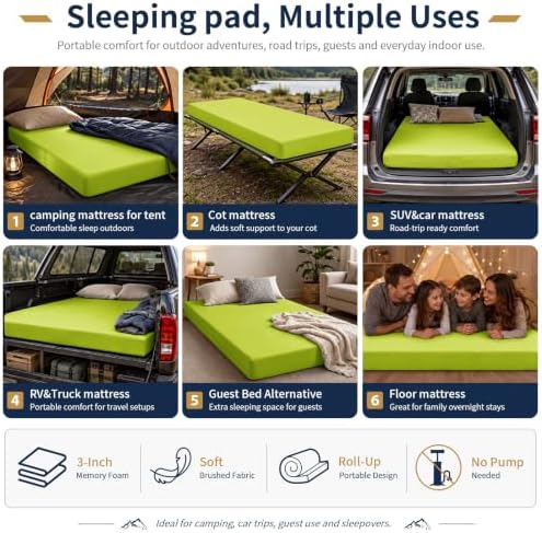 CYMULA Memory Foam Camping Mattress Pad,Sleeping Pad for Camping,Non-Slip Bottom Floor Car Mattress Bed with Retaining Portable Roll up Mattress Pad Mat for Travel Truck Guest Bed Tent