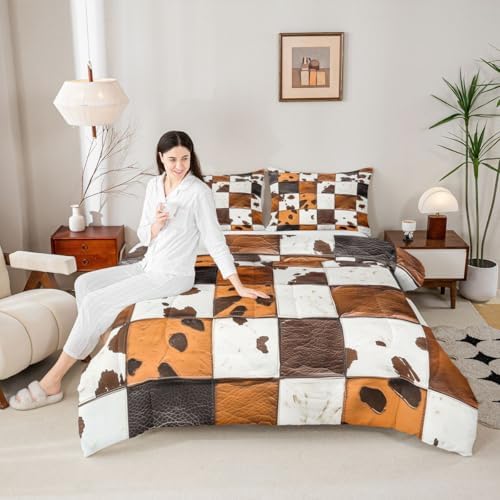 jejeloiu Rustic Cowhide Patchwork Bedding Set for Boys Girls, Leather Cow Print Comforter Set King Size Cow Fur Print Duvet Quilt Microfiber Farmhouse Country Bedroom Decor 3 Pcs with 2 Pillow Cases