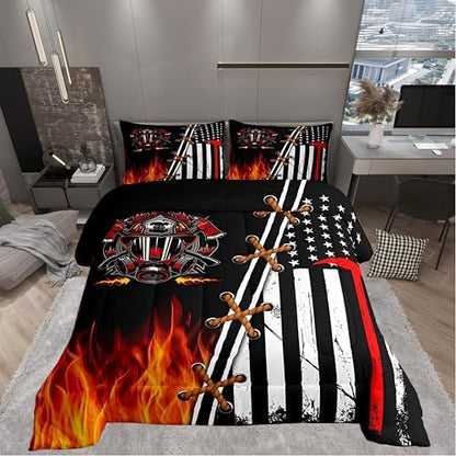 Castle Fairy Boys Firefighter Twin Size Comforter Set,Kids American Flag Decor All Season Bedding Set,Teens Burning Flame Comforter,Children Red and Black Decor Quilt Set Bedroom Collection 2Pcs