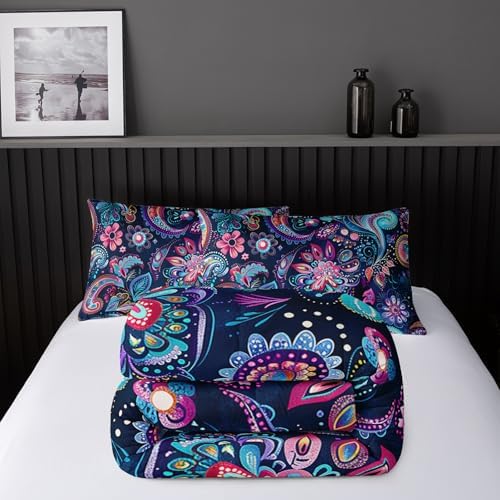 Nttopship Boho Floral Comforter Set Twin Size 3 PCS Paisley Flower Comforter Bed in a Bag Set Dark Blue Vintage Floral Boho Medallion Comforter Set for Kids Girls Teens Soft Microfiber Bedding Sets