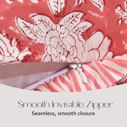 CPC Block Print Pink Coral Ruffle Cotton Lumbar Pillow Cover 14x36 inch