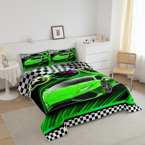 Feelyou Green Racing Car Bedding Set for Kids Boys Girls King Size Extreme Sports Comforter Set Teen Adult Ultra Soft Speed Sports Car Comforter Cool Car Duvet Quilt Bedroom Decor Race Car Quilt