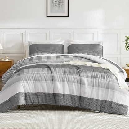 Litanika Dark Grey Super King Plus Comforter Set - 3 Pieces Stripe Bed Set