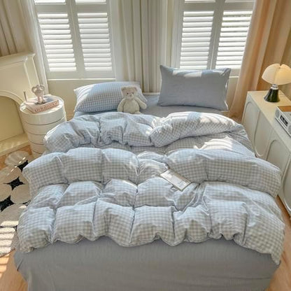 mixinni Light Blue Gingham Duvet Cover Set King Size - 100% Washed Cotton 3 Piece Plaid Checkered Bedding Set, Soft Comfy Grid Farmhouse Comforter Cover with Zipper Closure & Corner Ties