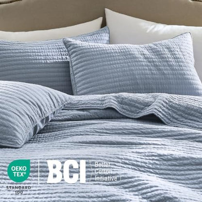 WDCOZY 100% Cotton Twin Size Quilt Set, Channel Pick Stitch, Light Blue