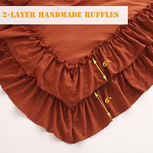 Masaca Ruffle Comforters Queen Size Set,Burnt Orange Shabby Boho Chic Comforter Farmhouse Terracotta Bedding Sets 3PCS（1 Ruffled Comforter and 2 Pillowcases）