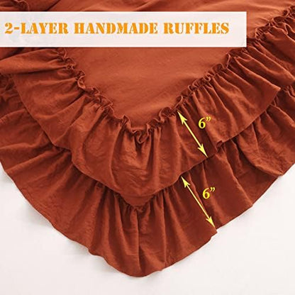 Masaca Ruffle Comforters Queen Size Set,Burnt Orange Shabby Boho Chic Comforter Farmhouse Terracotta Bedding Sets 3PCS（1 Ruffled Comforter and 2 Pillowcases）