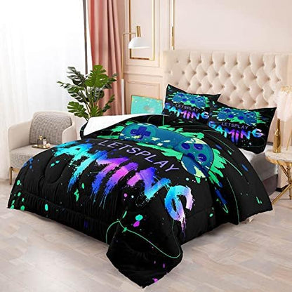 Game Comforter Set Video Gaming Bedding Sets Gamer Room Decor Queen Size Colorful Black Gamepad Soft Game Bedding Set for Boys Teen 1 Comforter and 2 Pillowcases