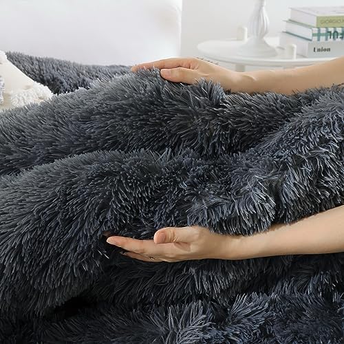 Smoofy Fluffy Full Size Comforter Set, Dark Grey Faux Fur Comforter 3 Pcs