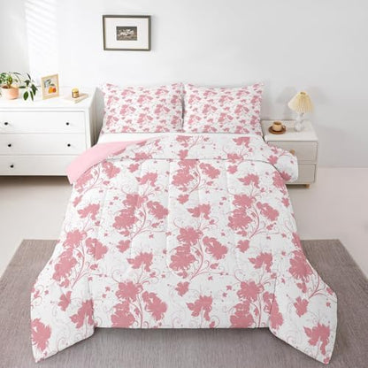 jejeloiu Pink Flower Comforter Set Queen Size Kids Floral Bedding Set for Boys Girls Teens Botanical Duvet Breathable Minimalist Aesthetics Quilt Bedroom Decor,1 Comforter with 2 Pillowcase