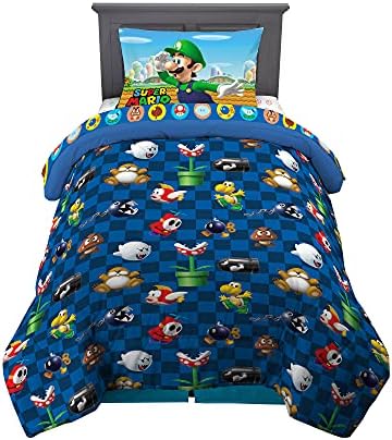 Super Mario Kids Twin Size Bedding, 4 Piece Super Soft Cozy Reversible Comforter and Sheet Set, (Officially Licensed Product) By Franco