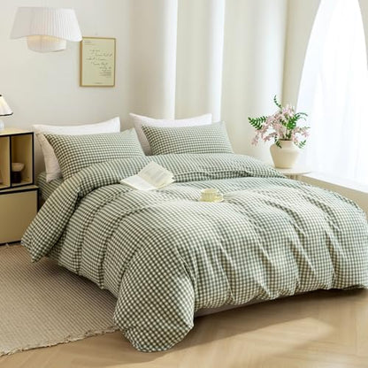 Mucalis Green Gingham Duvet Cover King Plaid Duvet Cover Set 100% Washed Cotton Vintage Checkered 3 Piece Grid Bedding Set with Zipper Closure Corner Ties,Durable,Breathable,Easy Care