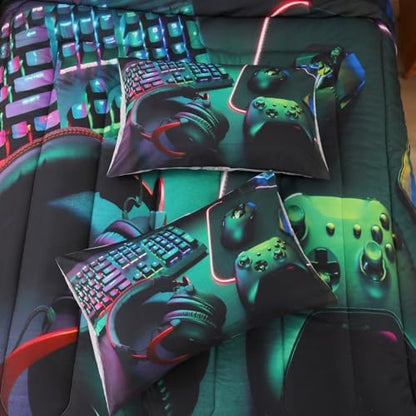 Gamer Comforter Sets for Teen Boys,Gaming Bedding Sets Queen,Video Game Bedspread,Game Gamepad Bed Set,Controller Bedding Gamer Home Decor 3 Piece