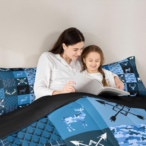Feelyou Camo Deer Antlers Bedding Set Soft for Boys Girls, Animal Arrow Silhouette Comforter Set Queen Size Rustic Cabin Duvet Quilt Microfiber Lattice Bedroom Decor 3 Pcs with 2 Pillow Cases