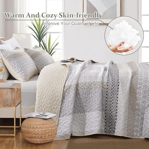 WONGS BEDDING Patchwork Quilt Set Full, Beige Bohemian Striped Bedspread