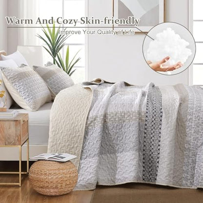 WONGS BEDDING Patchwork Quilt Set Full, Beige Bohemian Striped Bedspread