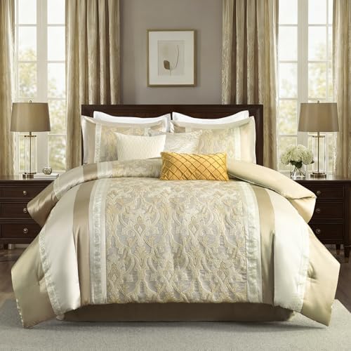 Bedduvit Luxury 7 Piece Bed in Bag, Vintage Damask Jacquard Thick California King Comforter Set, Luxurious Genuine Patchwork Cal King Bedding Set with Bed Skirt, Decor Pillows, Shams, Gold/Beige/Cream