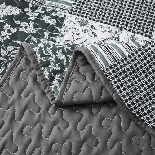 Mybedsoul Black Grey Boho Quilt Twin Size, Floral Bedspread Dorm Bedding