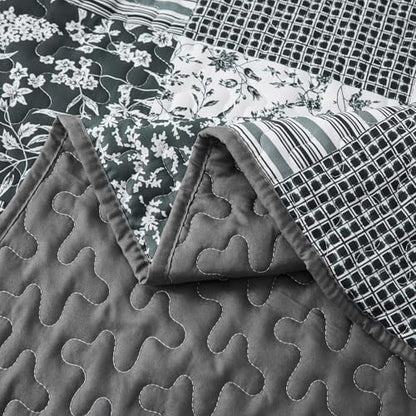 Mybedsoul Black Grey Boho Quilt Twin Size, Floral Bedspread Dorm Bedding