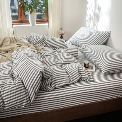 FOSSA Striped Duvet Cover Set 100% Washed Cotton Linen Feel King