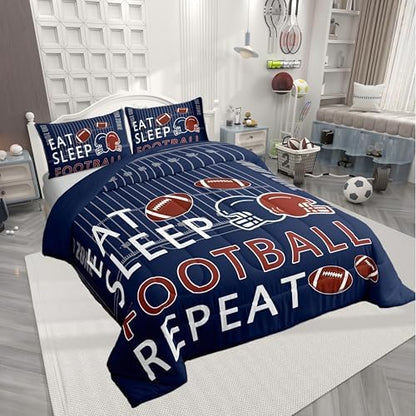 Castle Fairy Rugby Twin Size Comforter Set,Football Field Quilt Set Soft Bed Collection,Ball Sports Games Navy Blue Bedding Comforter for Boys Girls Room Decor,2 Pcs
