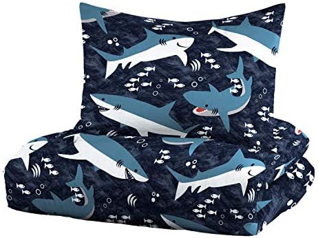 dream FACTORY Kids 5-Piece Complete Set Easy-Wash Super Soft Microfiber Comforter Bedding, Twin, Blue Sharks