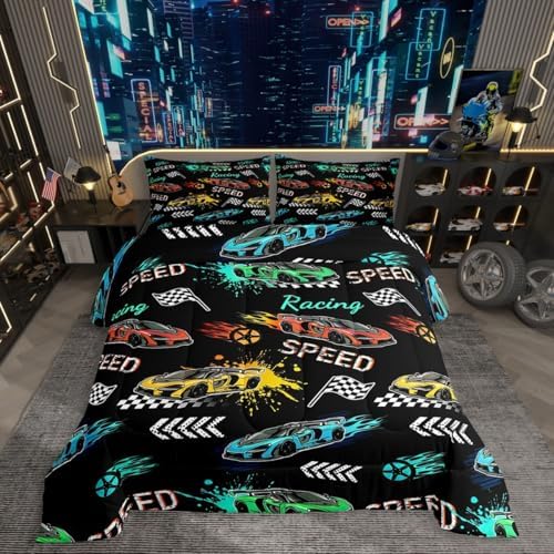Erosebridal Cartoon Sports Car Comforter for Kids Boys Girls,Colorful Racing Car Toddler Bedding Set,Extreme Sport Games Duvet Insert,Cool Speed Cars Quilt Bedroom Decor