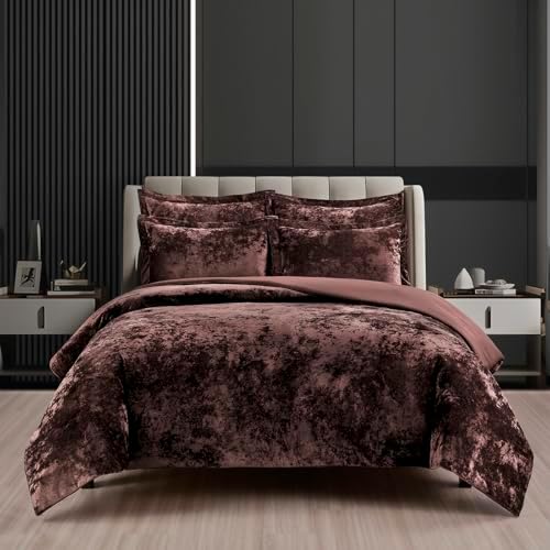 Fredsure Distressed Velvet Comforter Set, 5 Pieces Brown Queen, Distressed Velvet Face and Brushed Microfiber Reverse