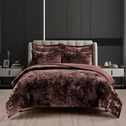 Fredsure Distressed Velvet Comforter Set, 5 Pieces Brown Queen, Distressed Velvet Face and Brushed Microfiber Reverse