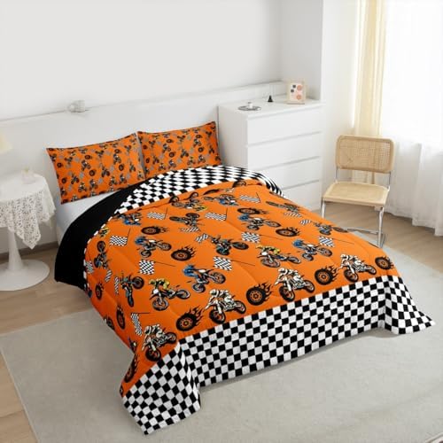 Feelyou Dirt Bike Comforter Set King Size Extreme Sports Bedding Set for Kids Boys Girls Racing Motocross Rider Duvet Quilt Motorcycle Bedroom Decor Motorbike Microfiber 3 Pcs with 2 Pillow Cases
