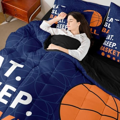 Erosebridal Boys Basketball Orange Navy Blue 7 Piece Bedding Set Twin | Ball Gaming Comforter Set with Sheets Sports Kids Teens Bed in A Bag Men Bed Sets