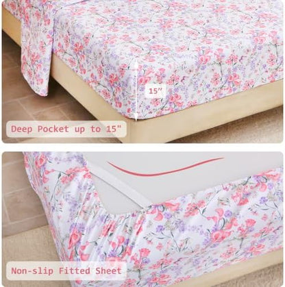 lasoftan Floral Queen Comforter Set with Sheets, 7 piece Luxury Vintage Bedding, Soft Microfiber Bed in a Bag, Cozy Lightweight Bed Set, Pink Floral Botanical