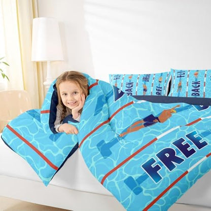 Homewish Swimming Comforter Set Twin Size,3D Blue Swimming Pool Bedding Sets 2Pcs,Swimmer Quilted Duvet for Kids Girls Boys Teens Room Decor,Swim Sports Lover Down Comforter,1 Pillowcase