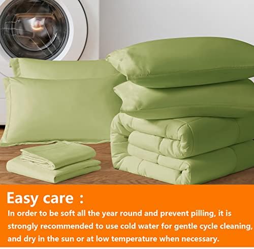 TAIMIT Sage Green Full Size Comforter Set - 7 Pieces, Bed in a Bag Bedding Sets with All Season Soft Quilted Warm Fluffy Reversible Comforter,Flat Sheet,Fitted Sheet,2 Pillow Shams,2 Pillowcases