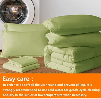 TAIMIT Sage Green Queen Size Comforter Set - 7 Pieces, Bed in a Bag Bedding Sets with All Season Soft Quilted Warm Fluffy Reversible Comforter,Flat Sheet,Fitted Sheet,2 Pillow Shams,2 Pillowcases