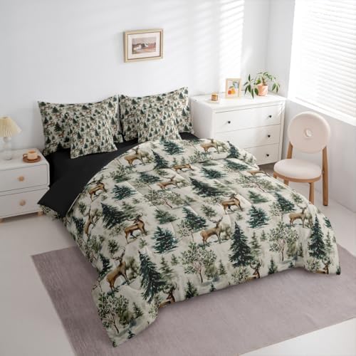 Erosebridal 7 Piece Rustic Deer Twin Comforter Set with Sheets Country Wild Animals Bed in A Bag Forest Pine Tree Wildlife Bedding Sets for Women Men Vintage Woodland Plants Leaves Bed Set