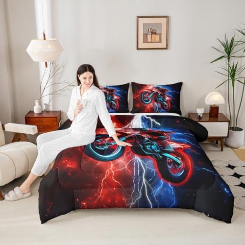 Feelyou Red Racing Motocross Rider Kids Bedding Set,Boys Girls King Size,Dirt Bike Comforter Set,Red and Blue LightningUltra Soft Duvet Quilt,Extreme Sports Comforter Motorbike Bedroom Decor