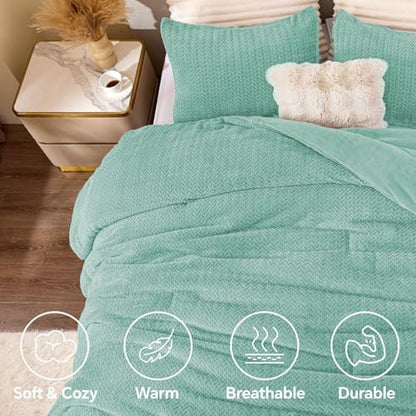 ChiXpace Fleece King Comforter Set Eggshell Blue, Fluffy Bed Set 3 Pieces