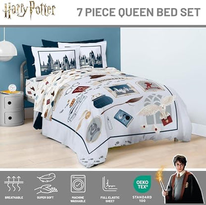 Harry Potter Queen Comforter Set 7 Piece Soft Hogwarts Bedding, Grey