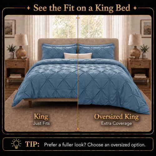 CozyLux King Comforter Set Grayish Blue, 7 Pieces Pintuck Bed in a Bag
