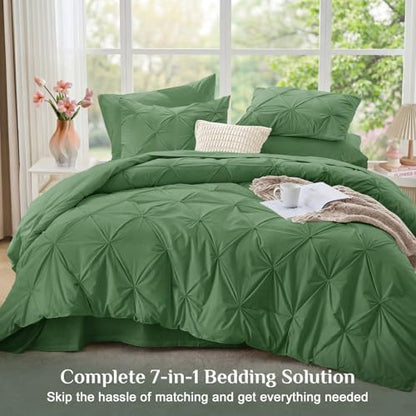 JOLLYVOGUE King Size Comforter Set 7 Pieces - Bed in a Bag King for All Season, Pintuck Bedding Comforter Sets with Comforter, Flat Sheet, Fitted Sheet and Pillowcases & Shams, Green