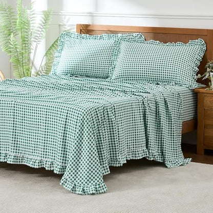 Gingham Twin Sheet Set, Lightweight Super Soft Brushed Microfiber Plaid Bed Sheets with 16" Deep Pocket, 3 Piece Ruffle Farmhouse Bedroom Decor, Green