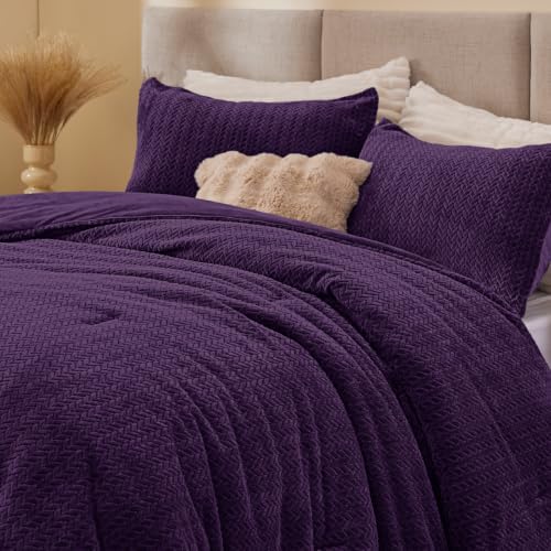 ChiXpace Fleece King Size Comforter Set Purple, Fluffy Bed Set 3 Pieces