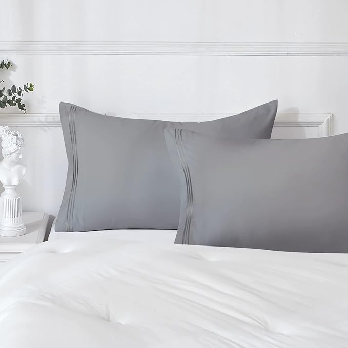 YIYEA Pillow Cases Queen Size Set of 4, Ultra Soft 1800TC Hotel Quality Double Brushed Microfiber Embroidered Pillowcases and Floral Pillow Covers, Envelope Closure, Fade Resistant (20"x30")