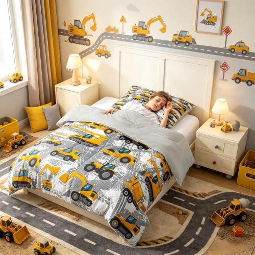 Kids Truck Comforter Set Twin Bedding Sets for Boys Toddler Children Cartoon Cars Construction Tractor Comforter Set Construction Machinery Vehicles Duvet Set Cars Bed Set with 1 Pillow Case