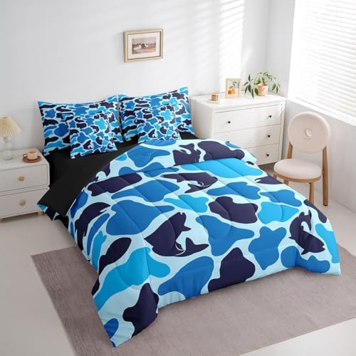 Erosebridal Fishing Camouflage Comforter Set 7 Piece Bass Big Fish Bedding Sets Twin Size Farmhouse Wild Animal Bed in a Bag for Kids Rustic Farmstyle Sheet Set with Comforter Vintage Blue Decor